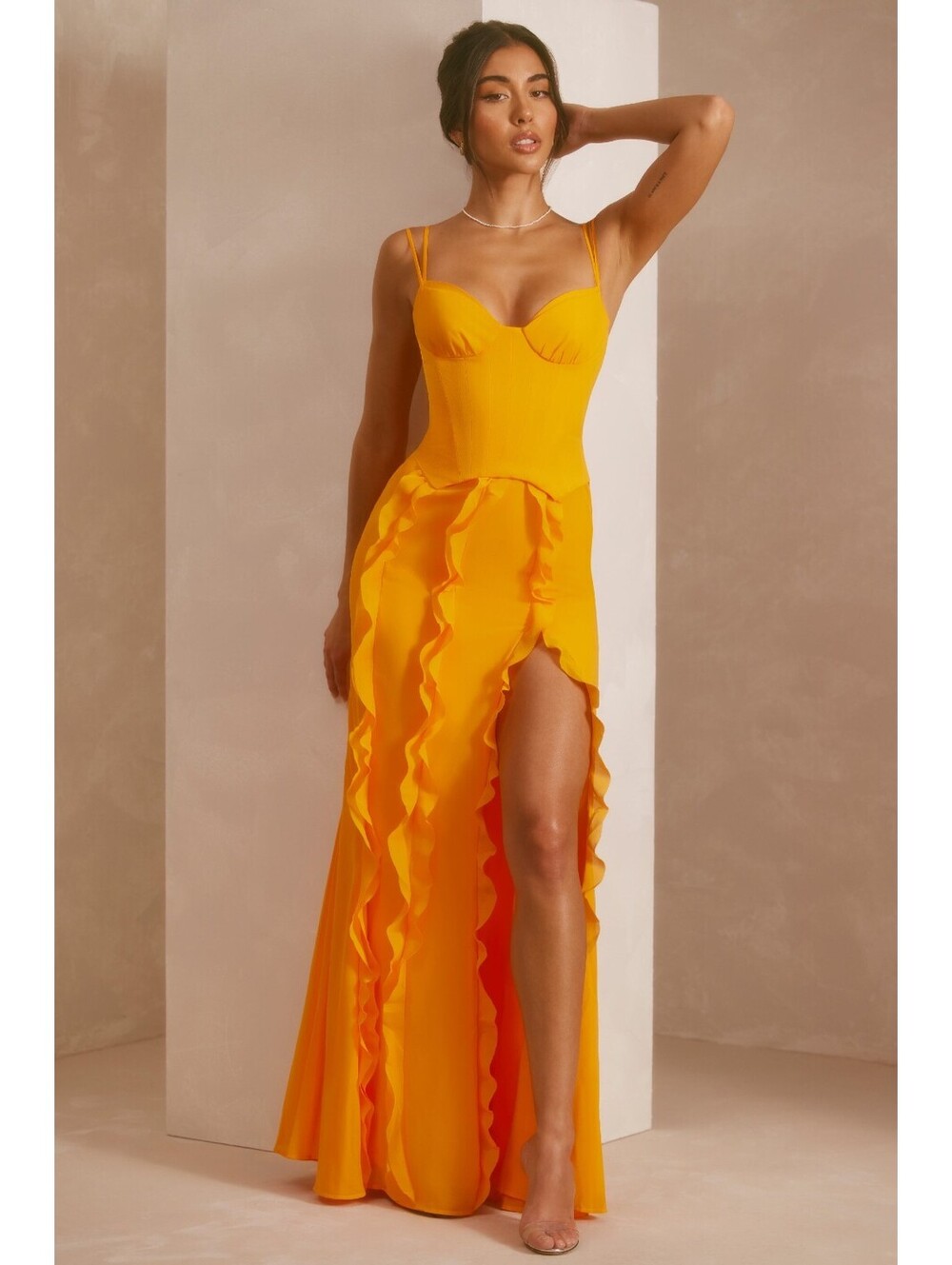 NWT Oh Polly Tangerine Perrine Corset Ruffle Maxi Dress Size 6